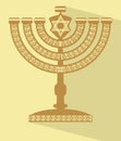 Jewish seven-branched candelabrum menorah with the Star of David, flat design vector illustration with long shadow, Yamim Noraim