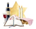Jewish Shabbat scene with open Torah book, gold star of David, two candles, challah with cover, red wine glass bottle