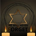 Jewish star with barbed wire and candles, International Holocaust Remembrance Day poster, January 27. World War II Remembrance Day