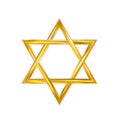 Jewish Star of David. Golden six-pointed star isolated on white background. 3d realistic hexagonal figure. Gold Magen David.