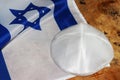 Jewish symbols: Kippah and Flag of Israel. Concept - Israelis, Jews and Judaism, Jewish religion in Israel