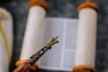 Jewish synagogue Judaic religion of Torah Scrolls with the pointer for reading the Torah Royalty Free Stock Photo