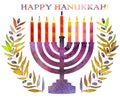 Jewish traditional holiday Hannukah.Watercolor Greeting card Royalty Free Stock Photo