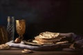 Jewish traditional matzah bread on a dark background, Passover, Generative AI