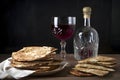 Jewish traditional matzah bread and red wine on a black background, Passover, Generative AI 1