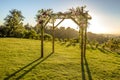 Jewish traditions wedding ceremony. Wedding canopy chuppah or huppah outside on the lawn