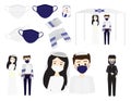 Set of Jewish wedding illustration - Jewish characters wearing face masks - Jewish bride, groom and rabbi, tallit, face masks