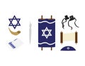 Set of Jewish symbols - Torah scroll, star of David, Tefillin, kipah, Tallit, Shofar and Torah hand Royalty Free Stock Photo