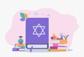 Jews read about religion. Holy Book of Torah Judaism, Jewish beliefs about Jesus. Colorful vector illustration Royalty Free Stock Photo