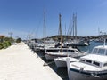 Jezera, Croatia-June 3rd, 2021: Anchored fishing boats in the port of small fishing village Jezera, located on Murter island,