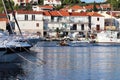 Jezera, Croatia - 9 9 2018: Panorama of a yacht marina in the town of Dalmatia region. The ships moored in the port of a quiet