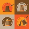 Cezve. Jezve turkish coffee pot. Set icons. Cooking process. Coffee time. Infographics