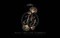 JG initial letter script and graphic name with ginkgo leaf, JG or GJ Monogram, for Wedding couple logo monogram