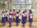 Schoolchildren hoisting their Textbook Festival, marking the distribution of new free textbooks among school students