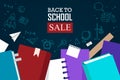 Back to school sale banner. Books, notebooks and textbooks. Background with text. Vector illustration