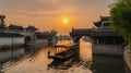 Jiangnan Ancient Town Bridge Boat Small River generative AI