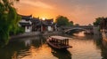 Jiangnan Ancient Town Bridge Boat Small River portrait generative AI
