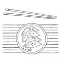 Jiaozi and sesame with chopsticks and bamboo mat - Chinese dumpling, vector black and white illustration for coloring