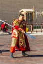 JIAYUGUAN, CHINA - AUGUST 22, 2018: Traditionally dressed fighter in Jiayuguan Fort, Gansu Province, Chi