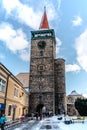 Jicin, Czech Republic-January 22,2022.Urban monument reservation of Czech historic town in Bohemian Paradise.Stone tower,