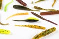 Jig silicone fishing lures isolated on a white background. Silicone fishing baits isolated. Colorful baits. Fishing spinning bait Royalty Free Stock Photo