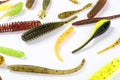 Jig silicone fishing lures isolated on a white background. Silicone fishing baits isolated. Colorful baits. Fishing spinning bait Royalty Free Stock Photo