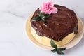 Jiggly and fluffy Japanese cotton souffle cheesecake decorated with chocolate glaze on ceramic plate.