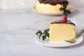 Jiggly and fluffy Japanese cotton souffle cheesecake decorated with chocolate glaze on ceramic plate.