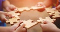 jigsaw in hand puzzle pieces gather together teamwork The concept of planning work as a team