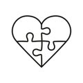 Jigsaw in Heart Shape Line Icon. Human Relationships, Love, Harmony Puzzle Pieces Match Together Linear Pictogram