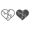 Jigsaw love puzzle line and solid icon. Heart shaped four pieces symbol, outline style pictogram on white background Royalty Free Stock Photo