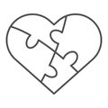 Jigsaw love puzzle thin line icon. Heart shaped four pieces symbol, outline style pictogram on white background Royalty Free Stock Photo