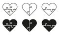 Jigsaw Pieces Match Together in Heart Shape Line and Silhouette Icon Set. Puzzle Combination Pictogram. Greeting Love