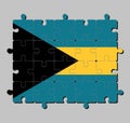 Jigsaw puzzle of Bahamas flag in triband of aquamarine top and bottom and gold with the black chevron aligned to the hoist-side.