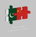 Jigsaw puzzle 3D of Pakistan flag and China flag with text: Friendship Pakistan & China. Concept of Friendly between both