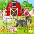 Jigsaw puzzle game with farmer and animals