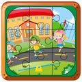 Jigsaw puzzle game with kids skating on the road