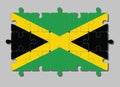 Jigsaw puzzle of Jamaica flag in a gold diagonal cross divides the field into four triangles of green and black.