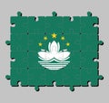Jigsaw puzzle of Macau flag in green with a lotus and stylised Governor Nobre de Carvalho Bridge and water in white and star.
