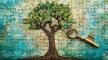 A jigsaw puzzle with a money tree design and a key resting on top, symbolizing solution or success Royalty Free Stock Photo