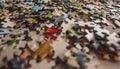 Jigsaw puzzle. Pile of jigsaw puzzle peices. Conceptual photo with focus on undone puzzle Royalty Free Stock Photo