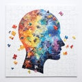 Jigsaw puzzle with a profile of a human head filled with colorful neurographic lines, some pieces detached