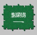 Jigsaw puzzle of Saudi Arabia flag in a green field with the Shahada or Muslim creed written in the Thuluth script above a saber.