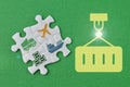 Jigsaw puzzles with global international trade in goods symbols. Production chains and product distribution. Freight shipping