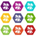 Jigsaw puzzles icon set color hexahedron