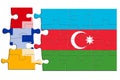 Jigsaw puzzles from the separated flags of Azerbaijan, Nagorno-Karabakh and Armenia The puzzle pieces are seperated. The concept Royalty Free Stock Photo