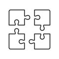 Jigsaw Square Pieces Match Linear Pictogram. Puzzle Challenge, Teamwork, Logic Game, Idea, Outline Sign. Combination