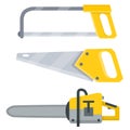 Jigsaw, yellow saw, chainsaw. Electrical appliance. Tool of worker