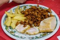 jijas, chorizo mince with fried eggs and fried potatoes, typical Spanish food from the Cantabrian region