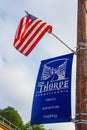 Jim Thorpe, PA - August 2023 : American flag and historical place Jim Thorpe banner